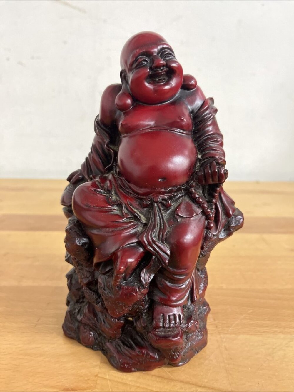Happy Smiling Mahogany Red Resin Buddha Figure - 7 1/2” - Hard To Find